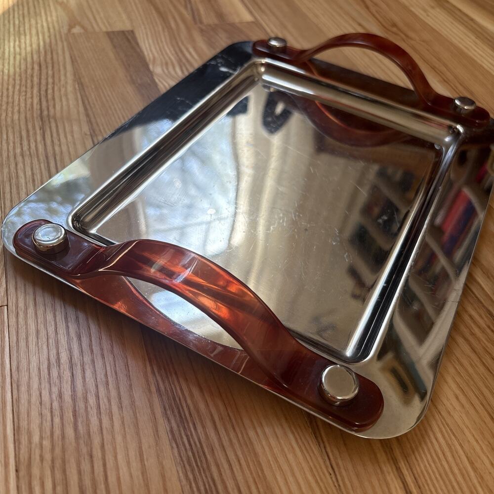 Oscar De La Renta Intrusion Chrome Tray Art Deco Style Bakelite Type Handles - Picture 3 of 9